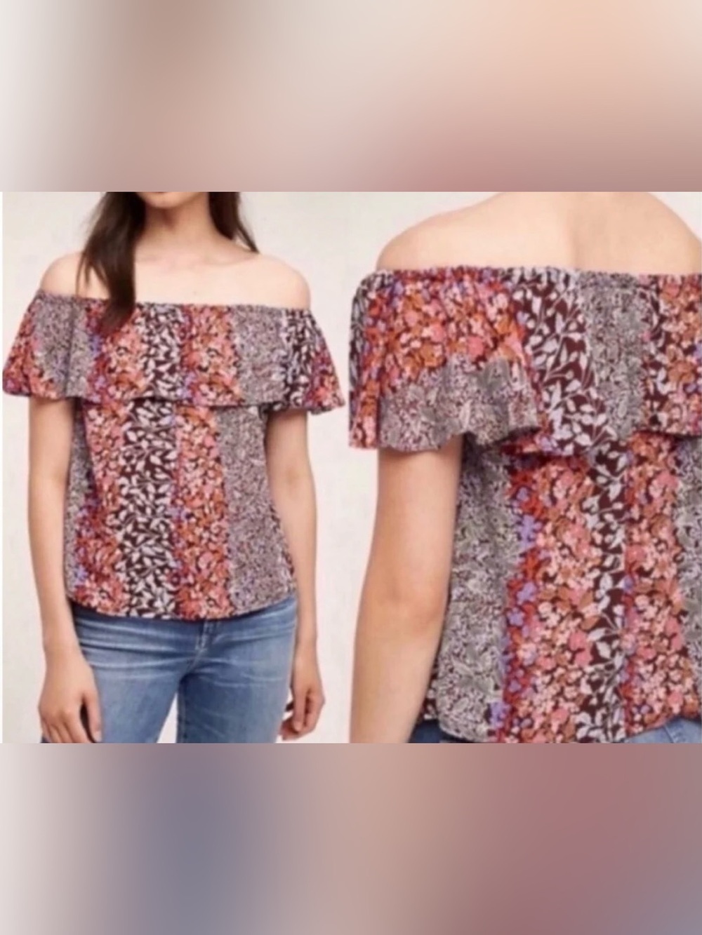Maeve by Anthropologie Pink & Purple Off-Shoulder Floral Ruffle Blouse - Size L